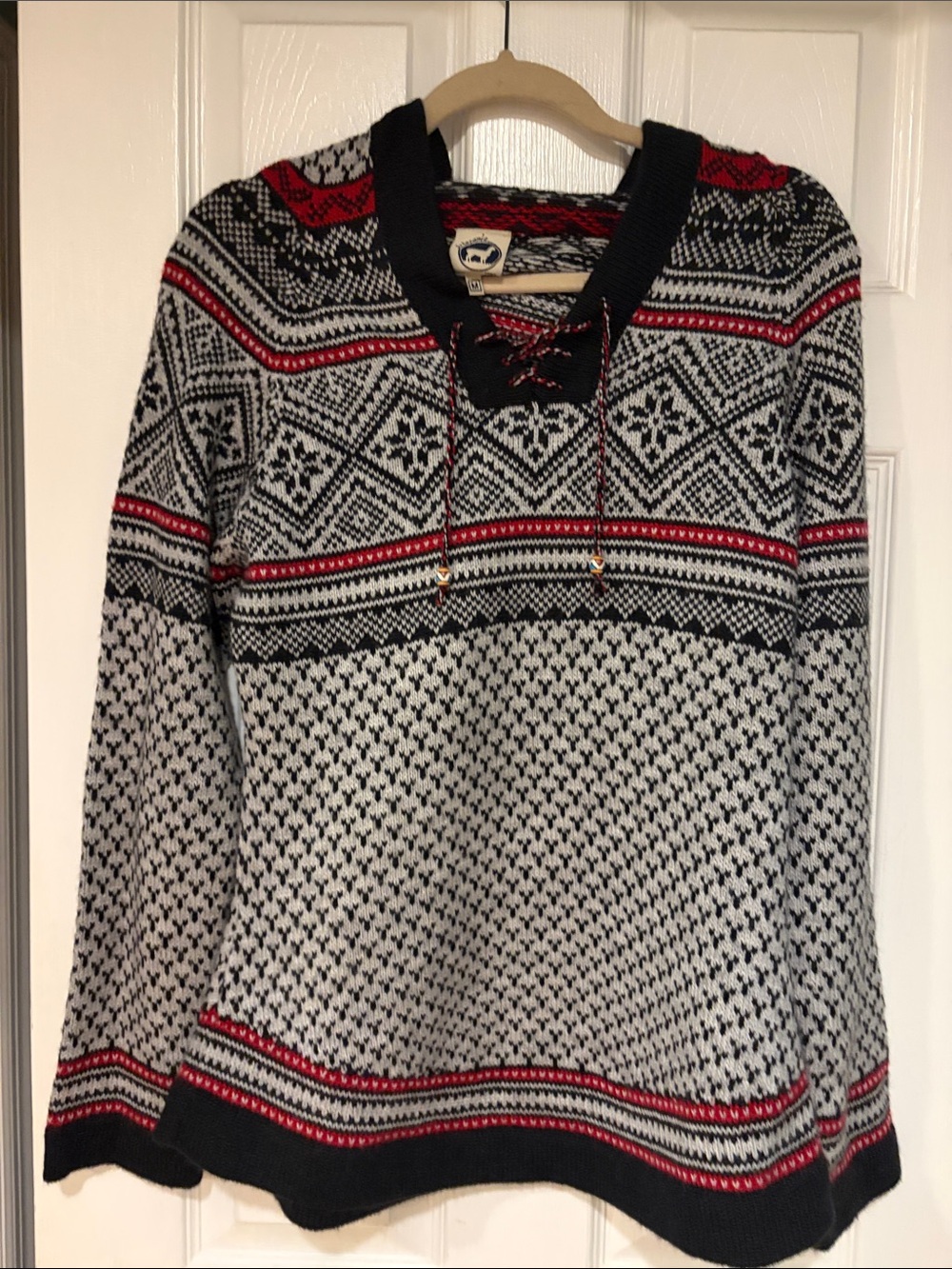 Nordic Lace-Up Cowl Sweater in Black, White & Red